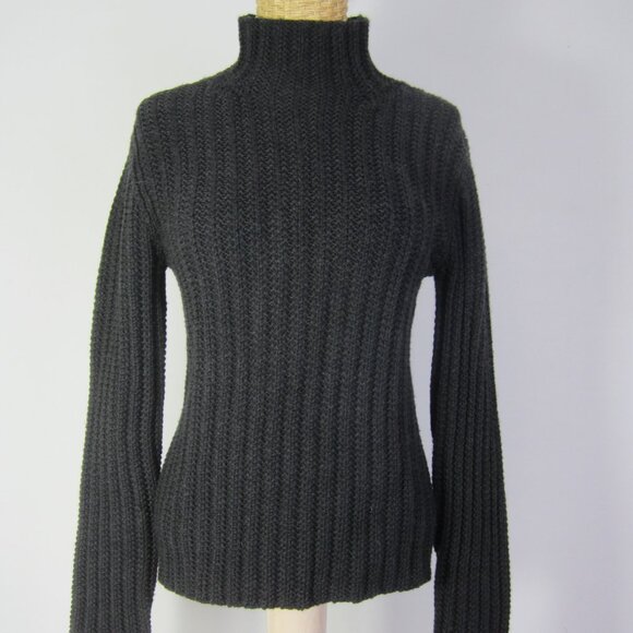 Vtg Theory Women L Charcoal Gray Black LS Wool Textured Rib Mock Neck Sweater - Picture 1 of 10
